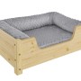 Gemütliches Tierbett aus Kiefernholz mit Rollrost und grauem Polster für Hunde und Katzen.