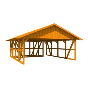 Skan Holz Carport Schwarzwald in Eiche, Fachwerkbauweise mit Satteldach und Abstellraum.