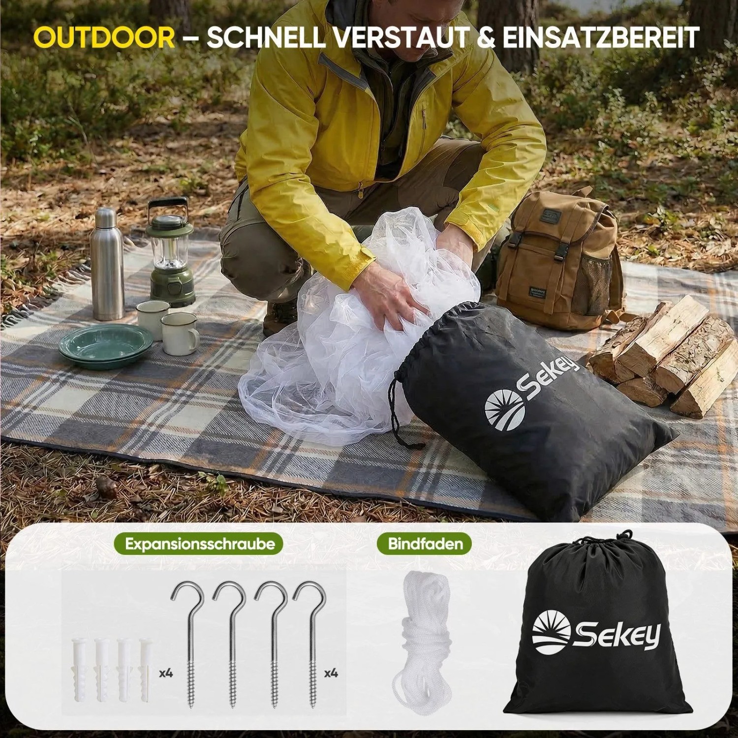 Person verstaut weißes Sekey Moskitonetz in schwarzer Tasche im Freien. Inkl. Haken, Seile für Bett, Camping & Reise Insektenschutz.