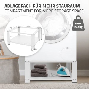 ML-Design Waschmaschinen Untergestell, weiß, mit Ablage für Waschmittel und Bügeleisen.