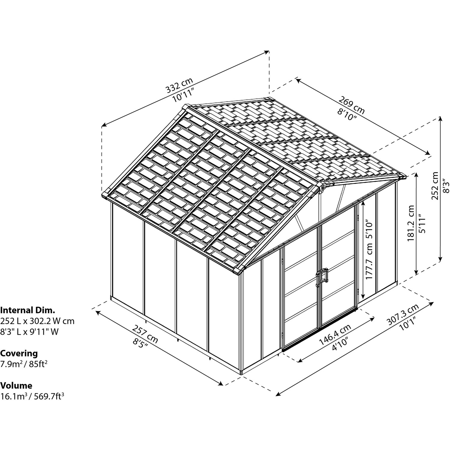 Skizze Palram Yukon 3.3 x 2.7 Gerätehaus: Maße und Details des Kunststoff-Gartenhauses in Grau.
