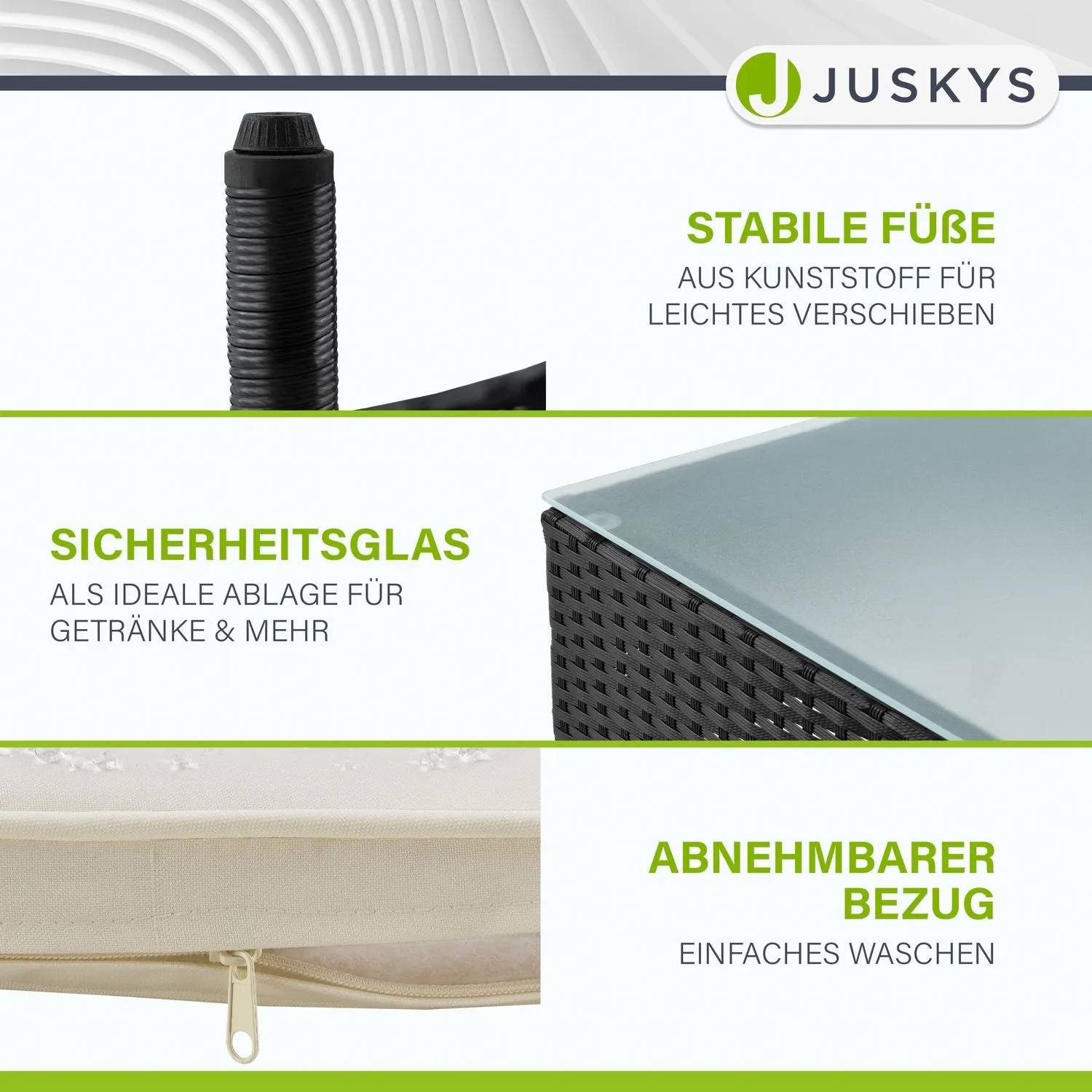 Detailansicht Juskys Polyrattan Gartenmöbel Sitzgruppe: Tischbein, Glasplatte, Sitzkissen mit Reißverschluss.