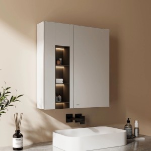 Weißer Emke Spiegelschrank 60x65cm mit 2 Türen, integrierten beleuchteten Ablagen über Waschtisch im Bad.