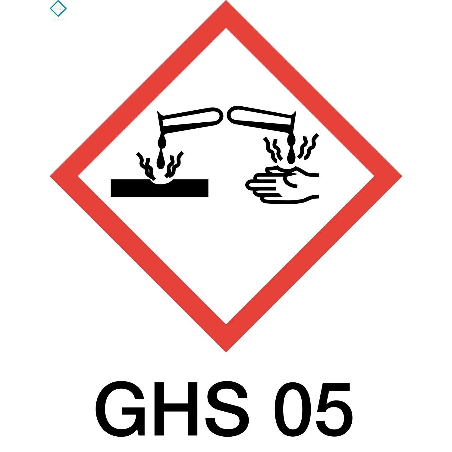 Rotes GHS05-Gefahrensymbol für ätzende Stoffe, zeigt Korrosion an Metall und Haut.