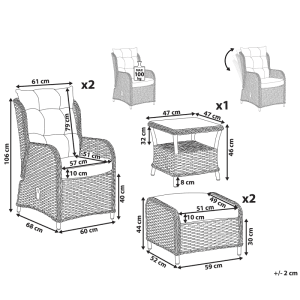 Beliani Lounge Set PONZA: Technische Zeichnung mit Maßen für 2 Rattansessel, 2 Hocker und 1 Couchtisch. Gartenmöbel.
