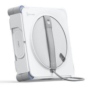 ECOVACS WINBOT W2S Fensterputzroboter in Weiß mit Tragegriff und Kabel.