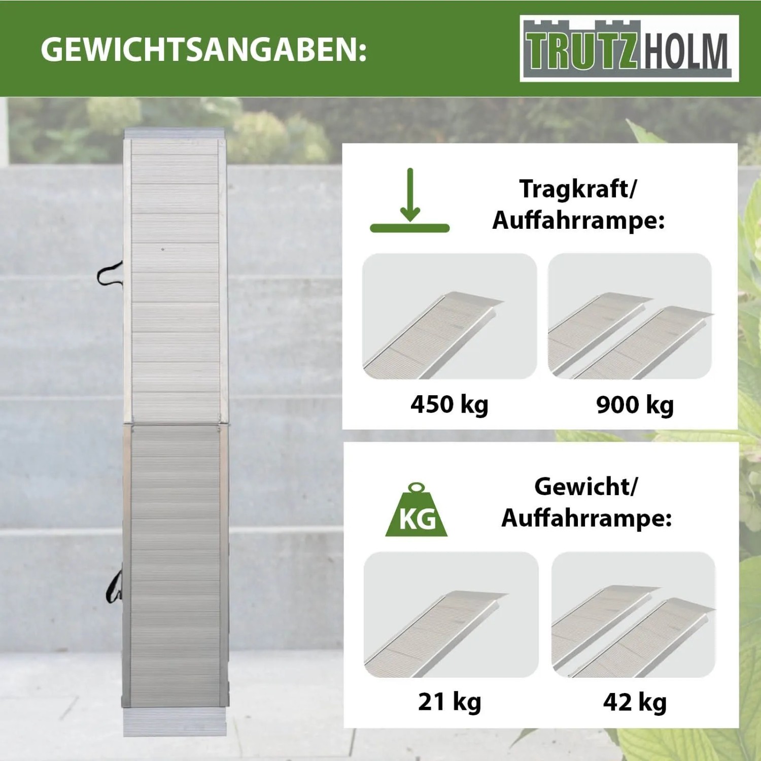 TRUTZHOLM klappbare Alu-Auffahrrampe, grau, 307 cm, Traglast 450 kg, Gewicht 21 kg. Zubehör für Autoanhänger.