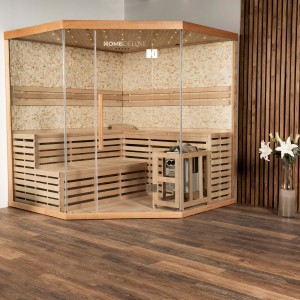 XL Sauna SKYLINE BIG aus Tannenholz mit Glasfront und Kunststeinwand. Inklusive Saunaofen.