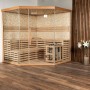 XL Sauna SKYLINE BIG aus Tannenholz mit Glasfront und Kunststeinwand. Inklusive Saunaofen.