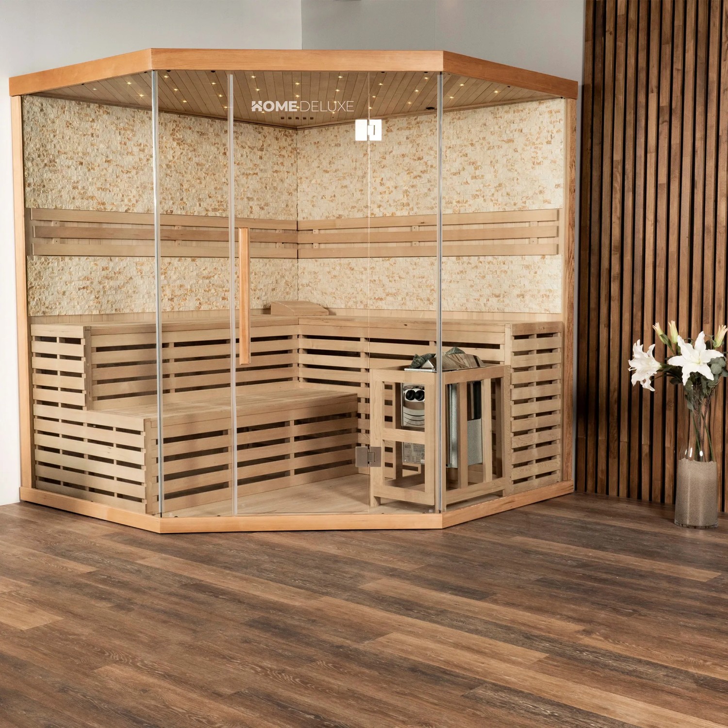 XL Sauna SKYLINE BIG aus Tannenholz mit Glasfront und Kunststeinwand. Inklusive Saunaofen.