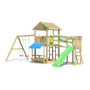 Jungle Gym Spielturm Cascade mit 2 Schaukeln, Brücke und Rutsche in Hellgrün.