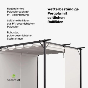Beige Blumfeldt Pergola 3x3m mit Rollläden, Stahlrahmen. Wetterfester Gartenpavillon für Terrasse & Garten.