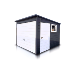 Liderstal Gerätehaus Standard aus Blech 300 x 300 cm Pultdach Anthrazit mit Seitentür und Fenster