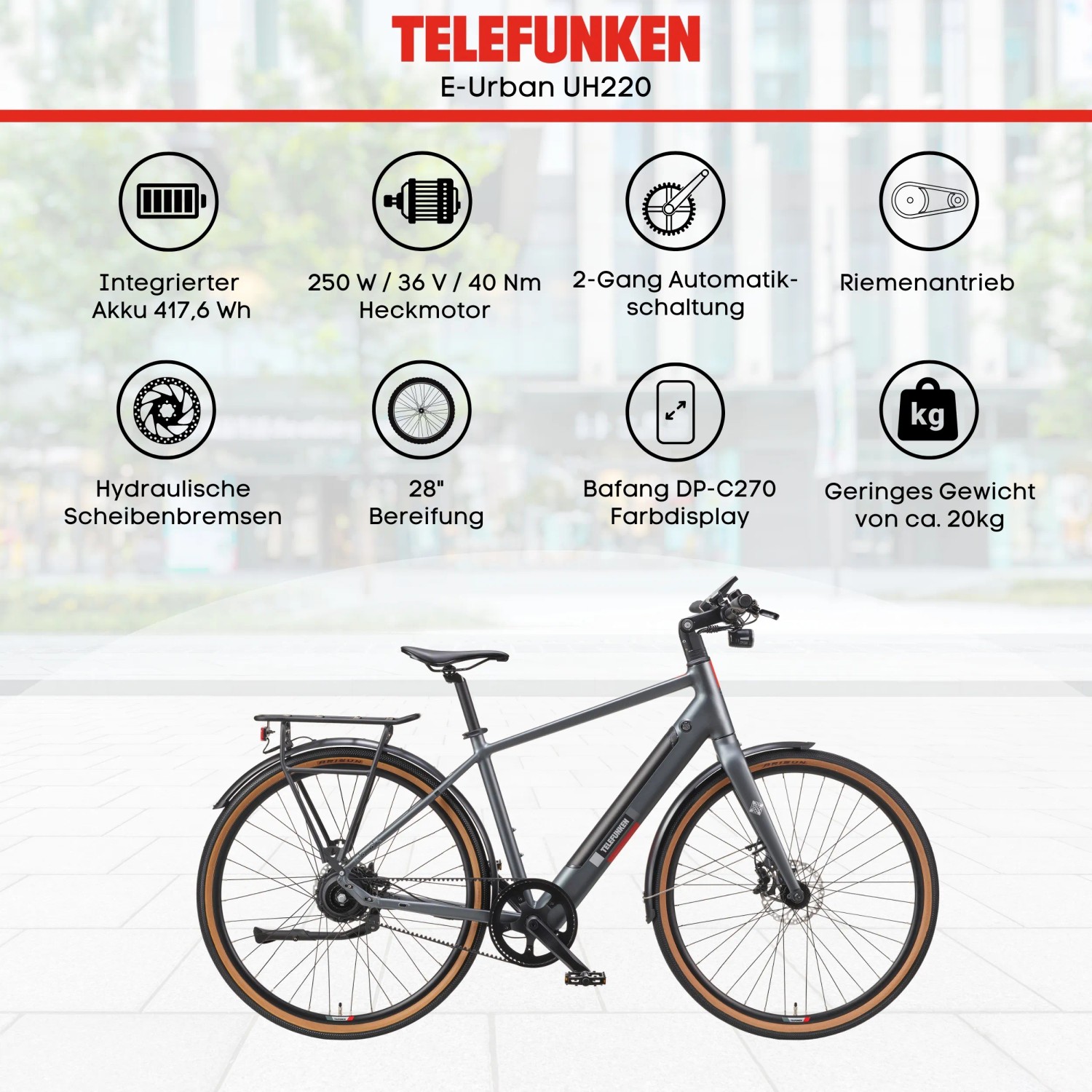 Telefunken UH220 Urban E-Bike in Titangrau: 28 Zoll Pedelec mit Heckmotor und Display.
