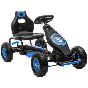 Schwarzes Gokart Kinderfahrzeug mit blauen Akzenten und verstellbarem Sitz.