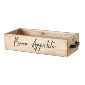 Rechteckige Boltze Aufbewahrungsbox Cucina aus Holz mit "Buon Appetito" Schriftzug und Griffen.