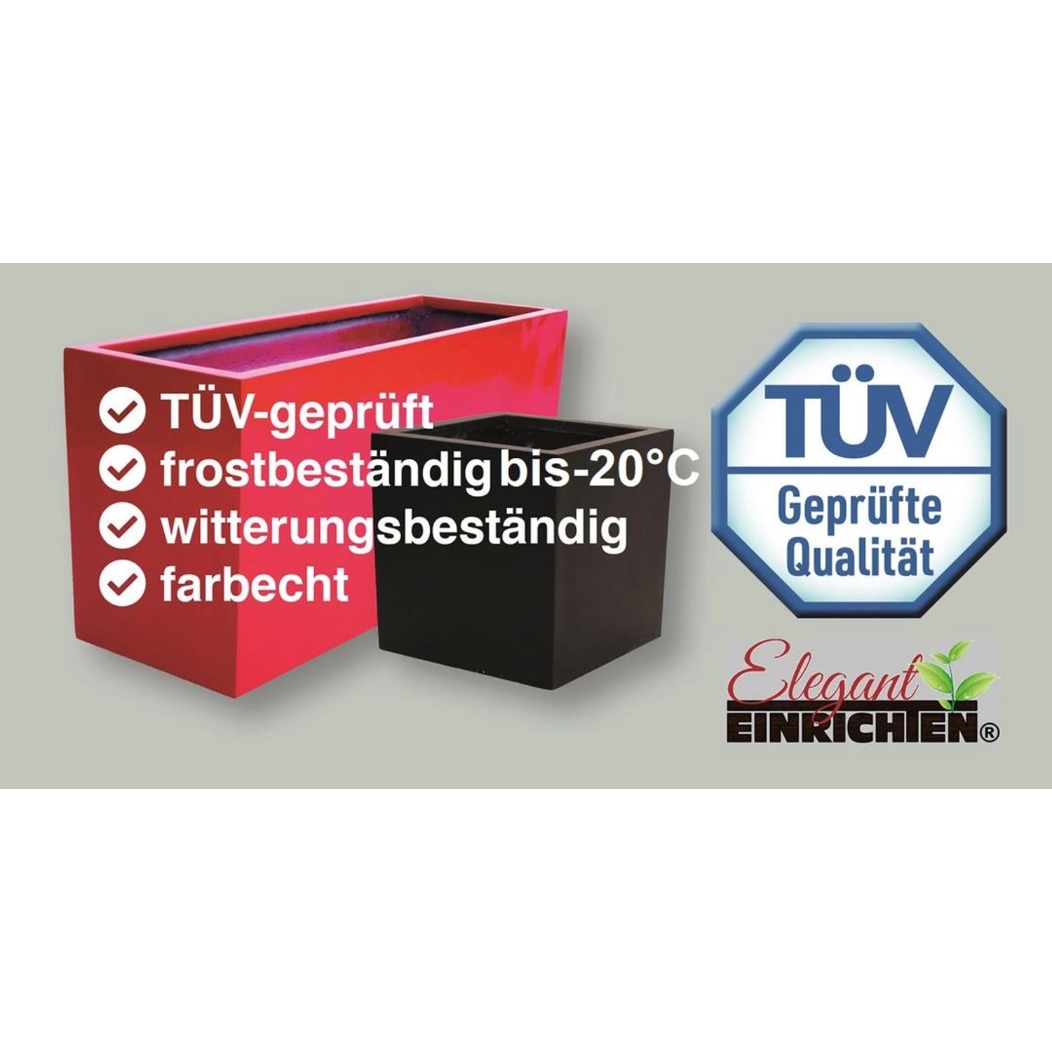 Produktbild von Elegant Einrichten Pflanzkübeln aus Fiberglas in Rot und Schwarz mit TÜV Siegel.