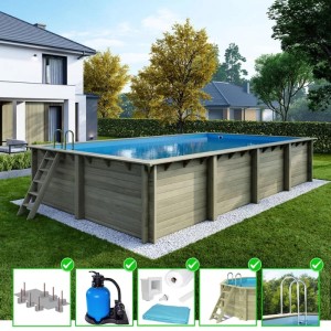 Rechteckiger ALTANKA Holzpool Aqua mit Leiter und Filteranlage im Garten.