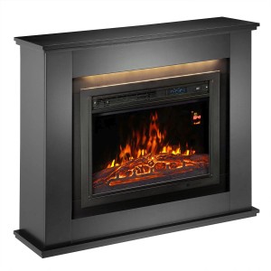 Rechteckiger Juskys Elektrokamin in Schwarz mit Heizung und Flammeneffekt.