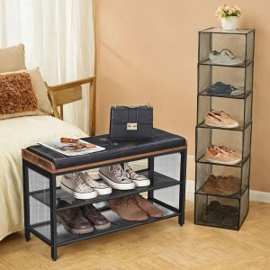 Songmics Schuhbank Dacey, schwarz-braun, mit Sitzkissen und zwei Gitterablagen für Schuhe.