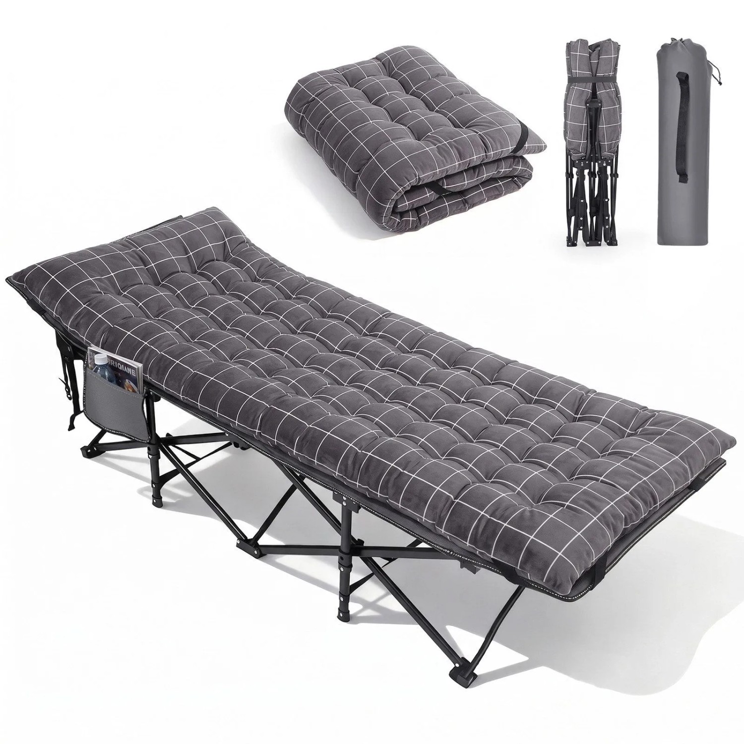 Sekey Campingbett Klappbar Feldbett mit Matratze Grau-Kariert 190 x 71 x 35 cm