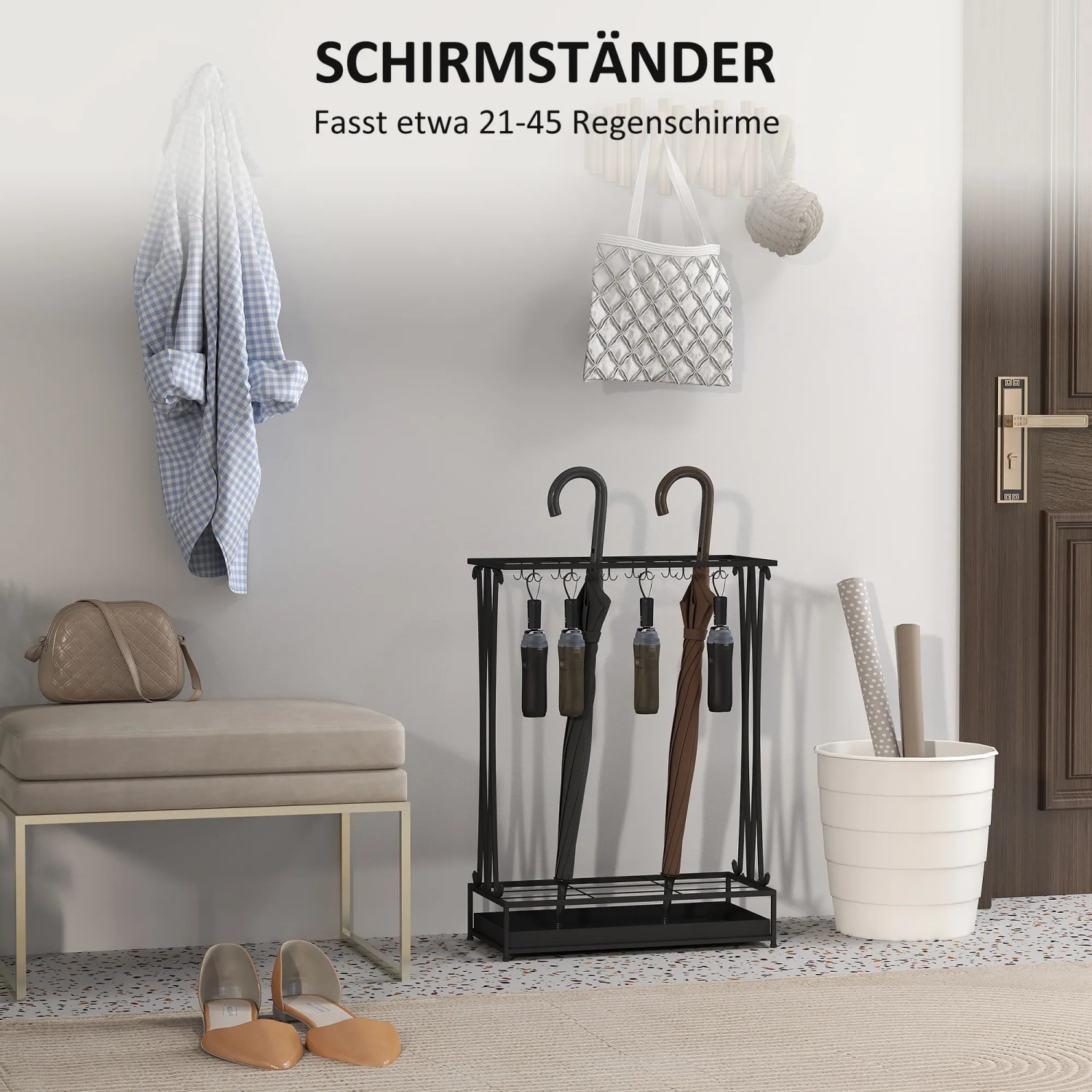 HOMCOM Schirmständer schwarz mit 24 Haken für ca. 21-45 Regenschirme im Flur.