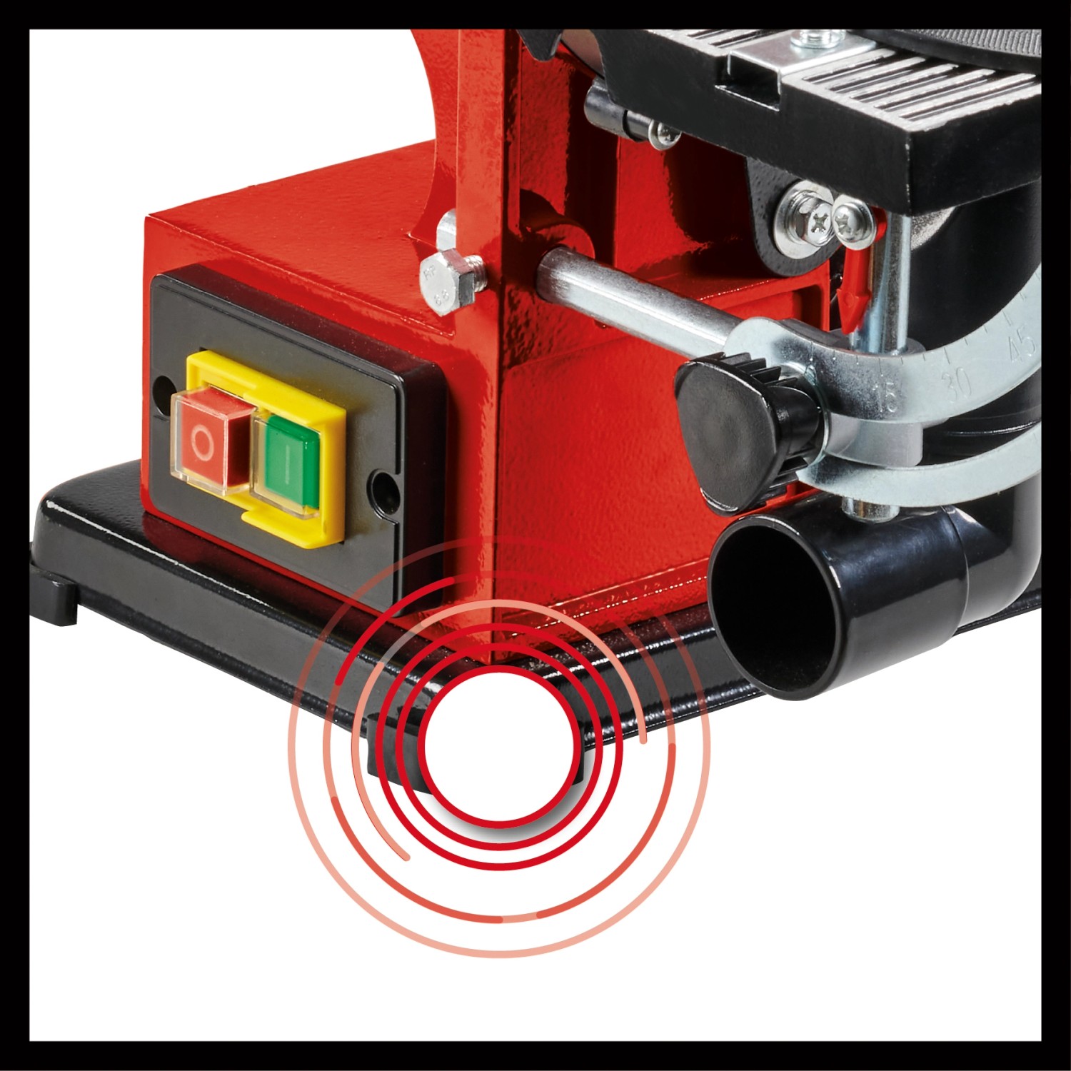 Detailaufnahme des Einhell TC-US 380 Stand-Band-Tellerschleifers, Fokus auf Bedienelemente und Staubabsaugung.