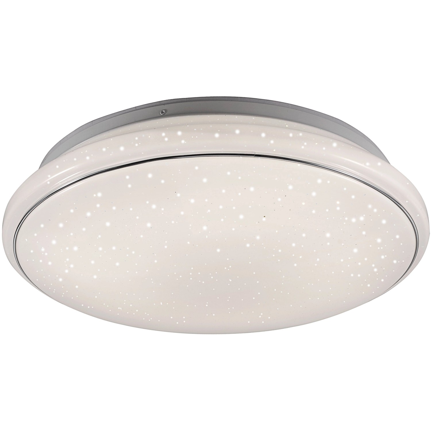 Weiße, runde LED-Deckenleuchte Lolasmart-Jupi mit Sternenhimmel-Optik, App-steuerbar, Durchmesser 59 cm.