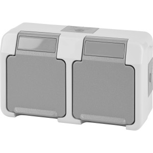 Merten AQUASTAR Doppel-Steckdose für Feuchträume, waagerecht angeordnet.