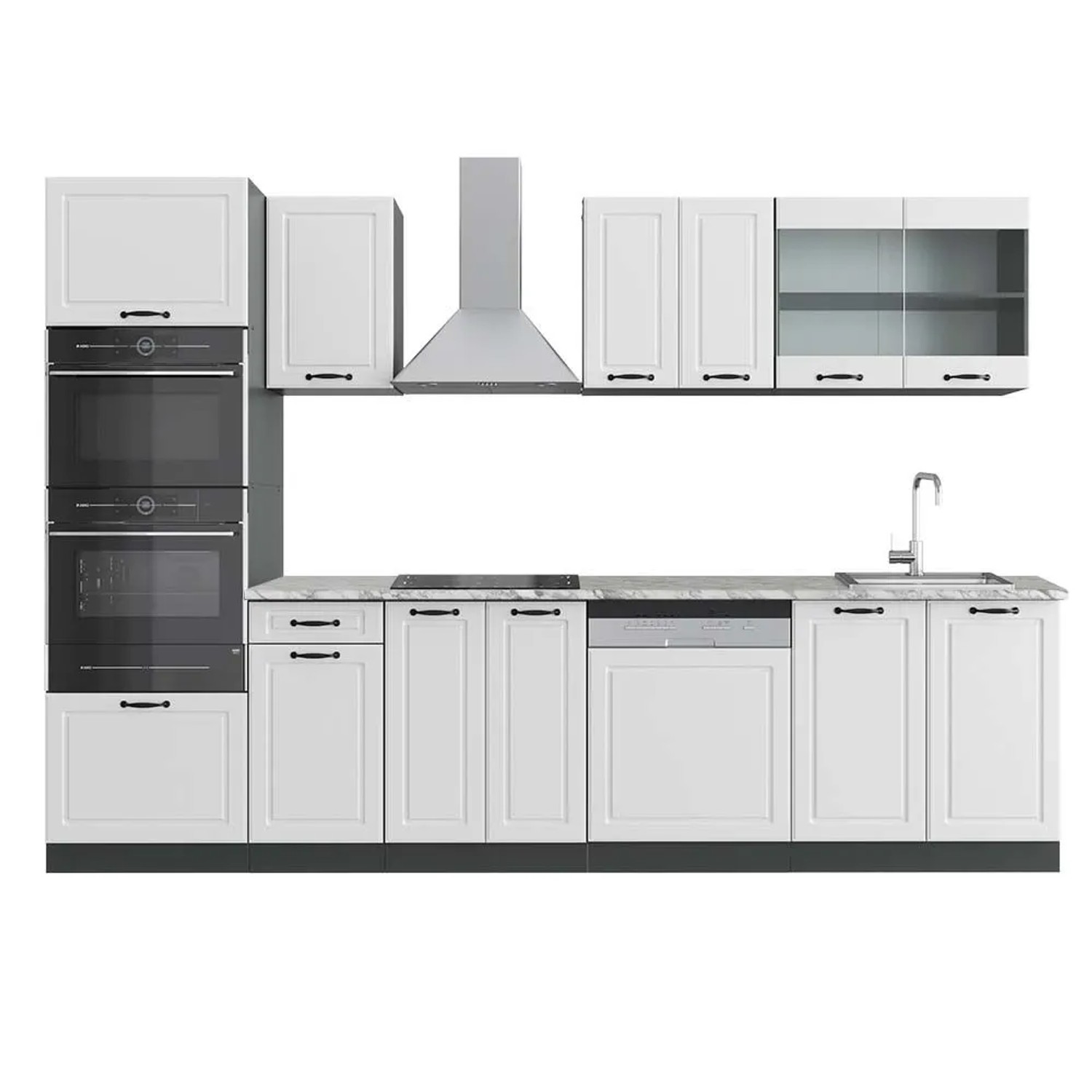 Vicco R-Line Küchenzeile Weiß Landhaus Anthrazit 300 cm mit HochschrankAP Marmor ohne E-Geräte