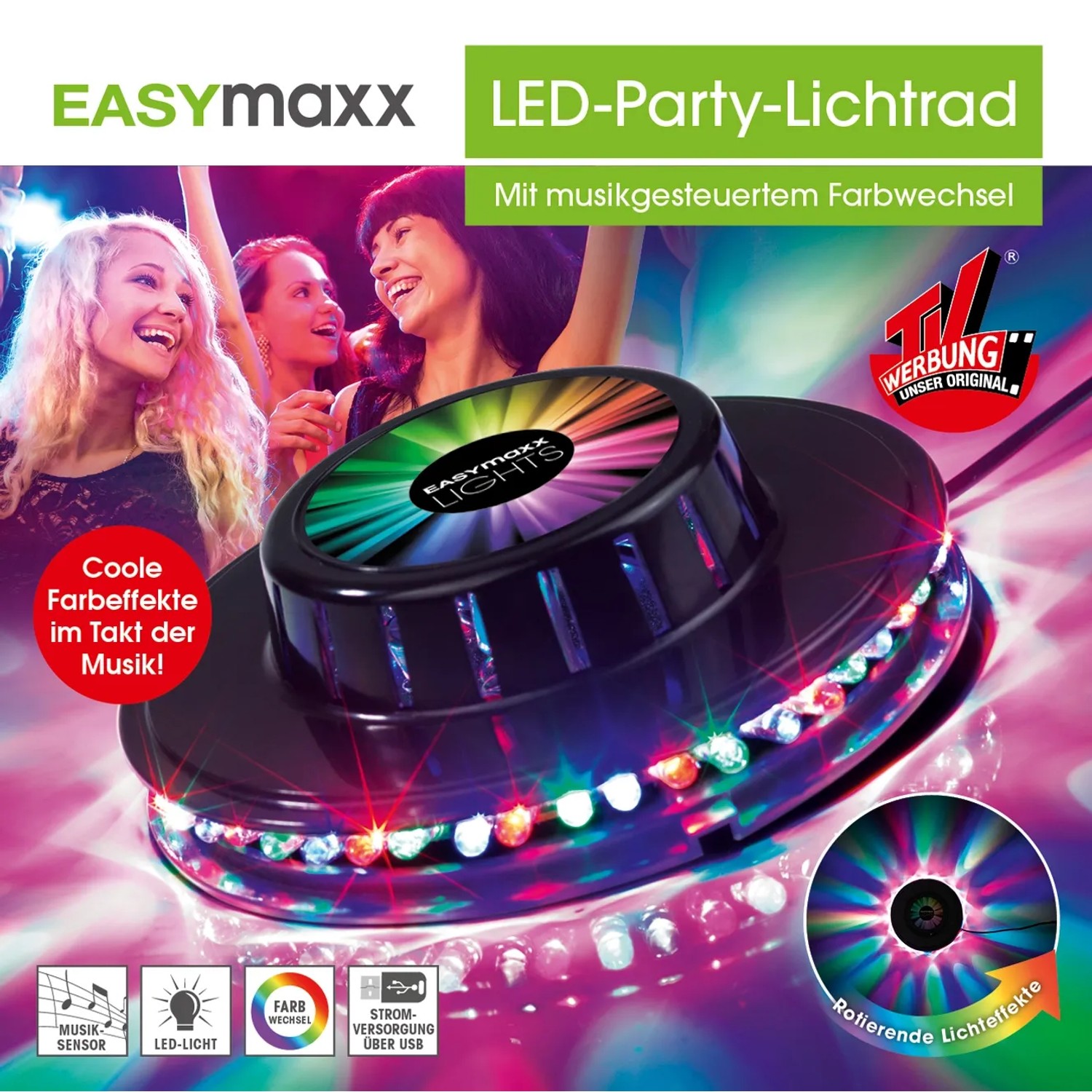 Easymaxx LED-Lichtrad Galaxy: Wandlampe mit Farbwechsel und Sound-Sensor für Party-Beleuchtung.