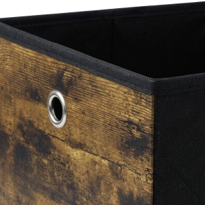 Braune Stoff-Aufbewahrungsbox in Holzoptik mit schwarzer Seite und Metallöse. Faltbare Ordnungsbox 33x33x33 cm.
