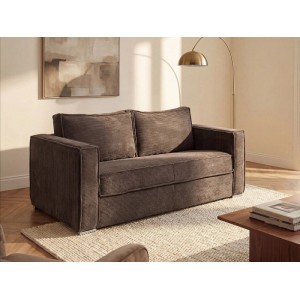 Modernes braunes Cord-Schlafsofa Loreto 215 cm im Wohnzimmer auf hellem Teppich.