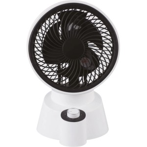 Weißer Tischventilator (50 W) mit schwarzem Rotor und Drehknopf zur Geschwindigkeitsregulierung.