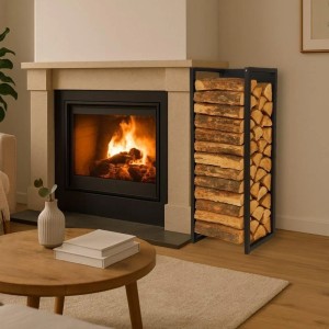 Schwarzes Kaminholzregal aus Metall mit Holzscheiten, geeignet für Innen und Außen.