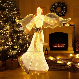 Beleuchteter Weihnachtsengel 160 cm, weiß-gold mit warmweißen LEDs, Flügeln und Heiligenschein. Außen-Weihnachtsfigur.