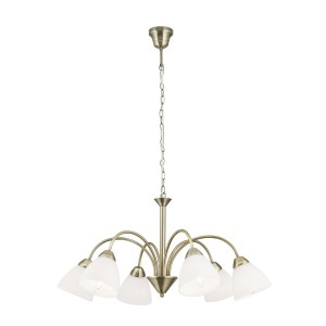 Antike Hängeleuchte Susan von Orion Leuchten mit 6 kelchförmigen, weißen Glasschirmen.