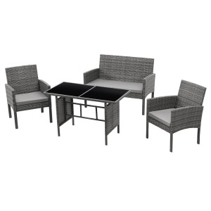 Graue Svita Brooklyn XL Rattan Essgruppe: Tisch, Sofa, 2 Sessel mit Kissen. Gartenmöbel Set.