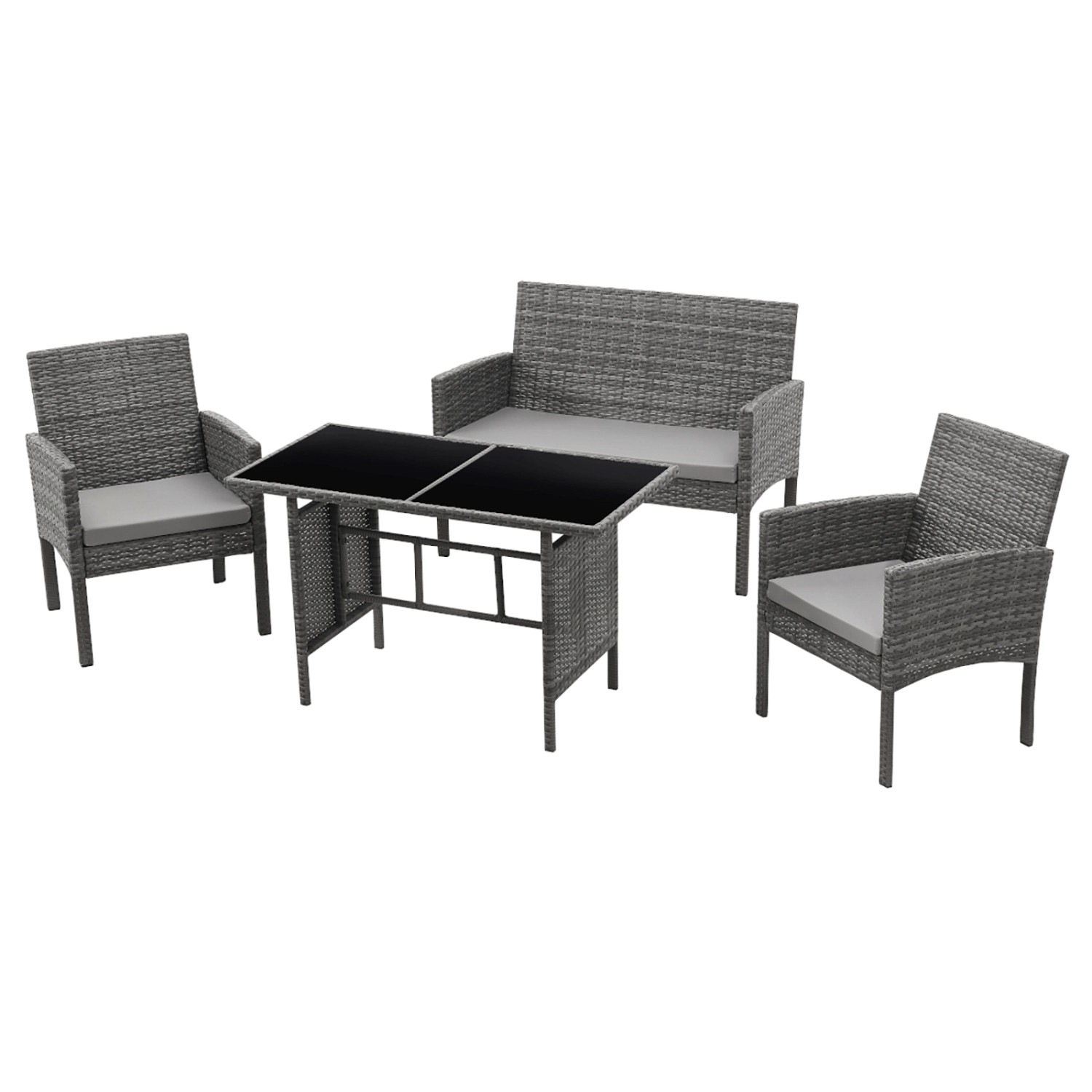 Svita Brooklyn XL Rattan Essgruppe Garten Möbel Set mit Tisch 2 Sessel 2er Sofa Grau