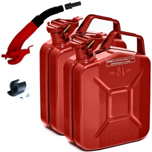 2 rote 5L Metall Kraftstoffkanister mit Ausgießer für Benzin, Diesel & E10. Pannenhilfe für Auto & Motorrad.
