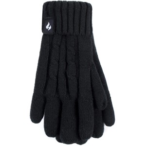 Schwarze Heat Holders Damen Handschuhe (S/M) mit Rippbündchen und Zopfmuster.
