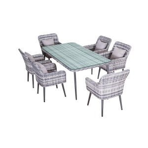 Graues Rattan Gartenmöbelset Quito: Tisch mit Glasplatte und 6 Stühle mit Kissen.