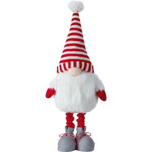 Stehender Wichtel aus Stoff mit rot-weiß gestreifter Mütze, 98 cm hoch, als Weihnachtsdekoration.
