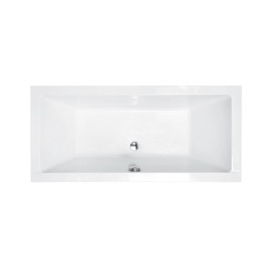 Weiße rechteckige Badewanne QUADRO mit Chrom-Ablauf. Klares Design für moderne Bäder.