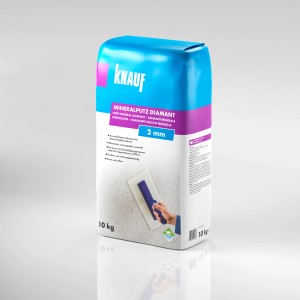 Sack Knauf Diamant Mineralputz, 2 mm Körnung, 10 kg. Reinweißer Innen- und Außenputz für Reibeputzstrukturen.