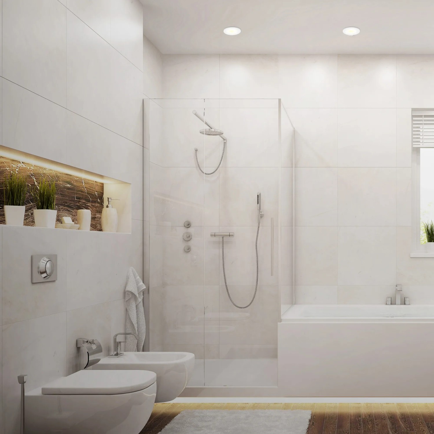 3er Set Briloner LED Einbauleuchten, weiß, in modernem Badezimmer mit Dusche und Badewanne.