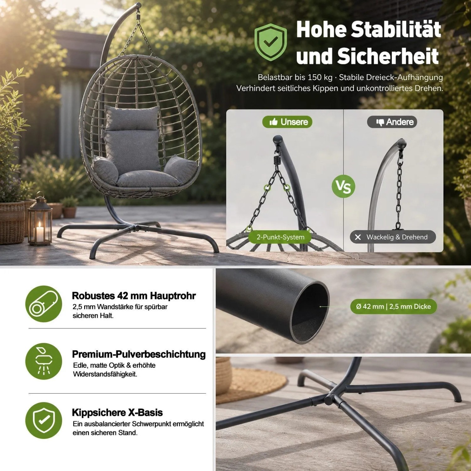 Grauer Rattan Hängesessel mit Gestell und Kissen, klappbar, 150 kg belastbar. Zeigt stabile X-Basis und 42mm Rohr.