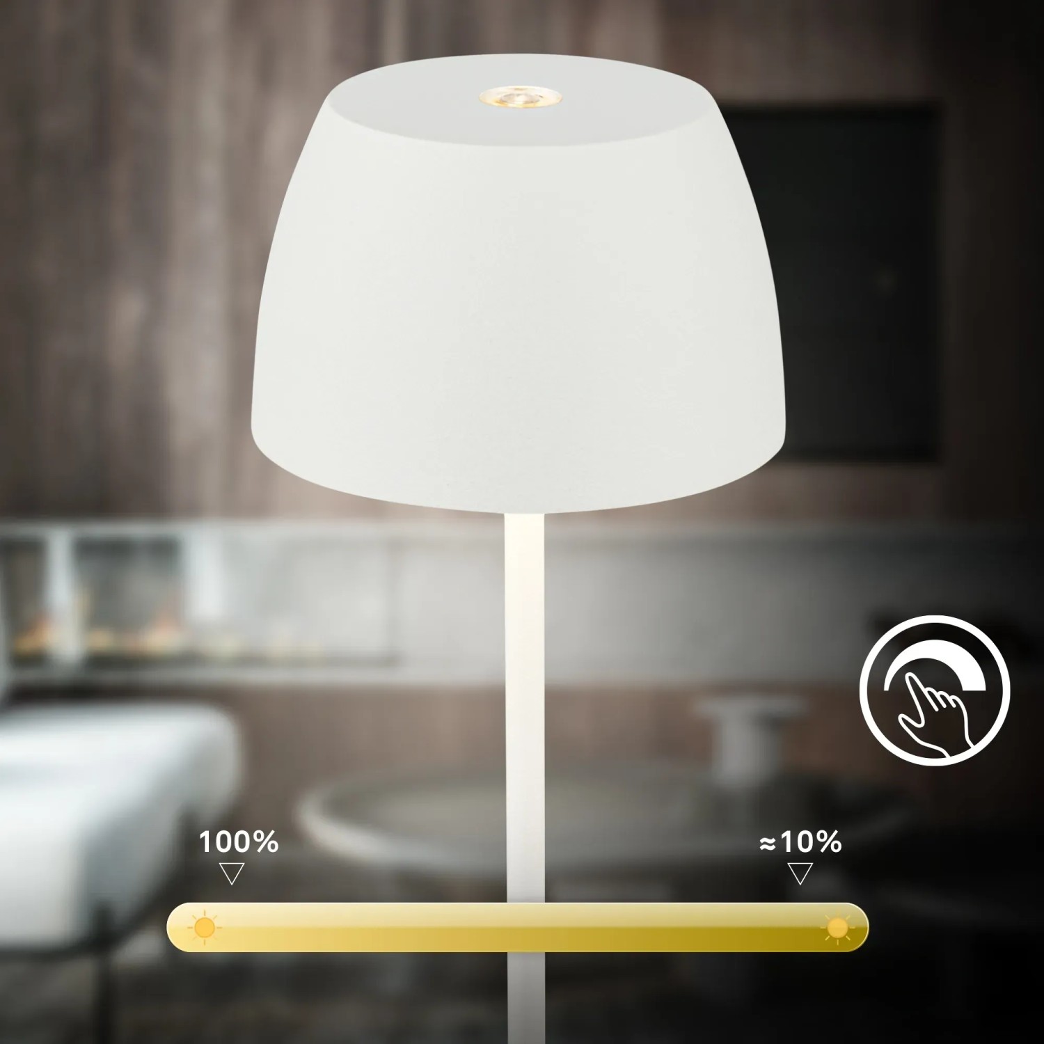 Weiße Brilo LED Akku Tischleuchte Serina Mini, dimmbar, 20 cm hoch, für den Innen- und Außenbereich.