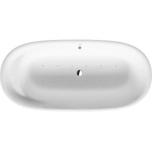 Freistehende, ovale Duravit Whirlwanne Cape Cod, 185 cm, weiß, mit Air-System und mittigem Abfluss.