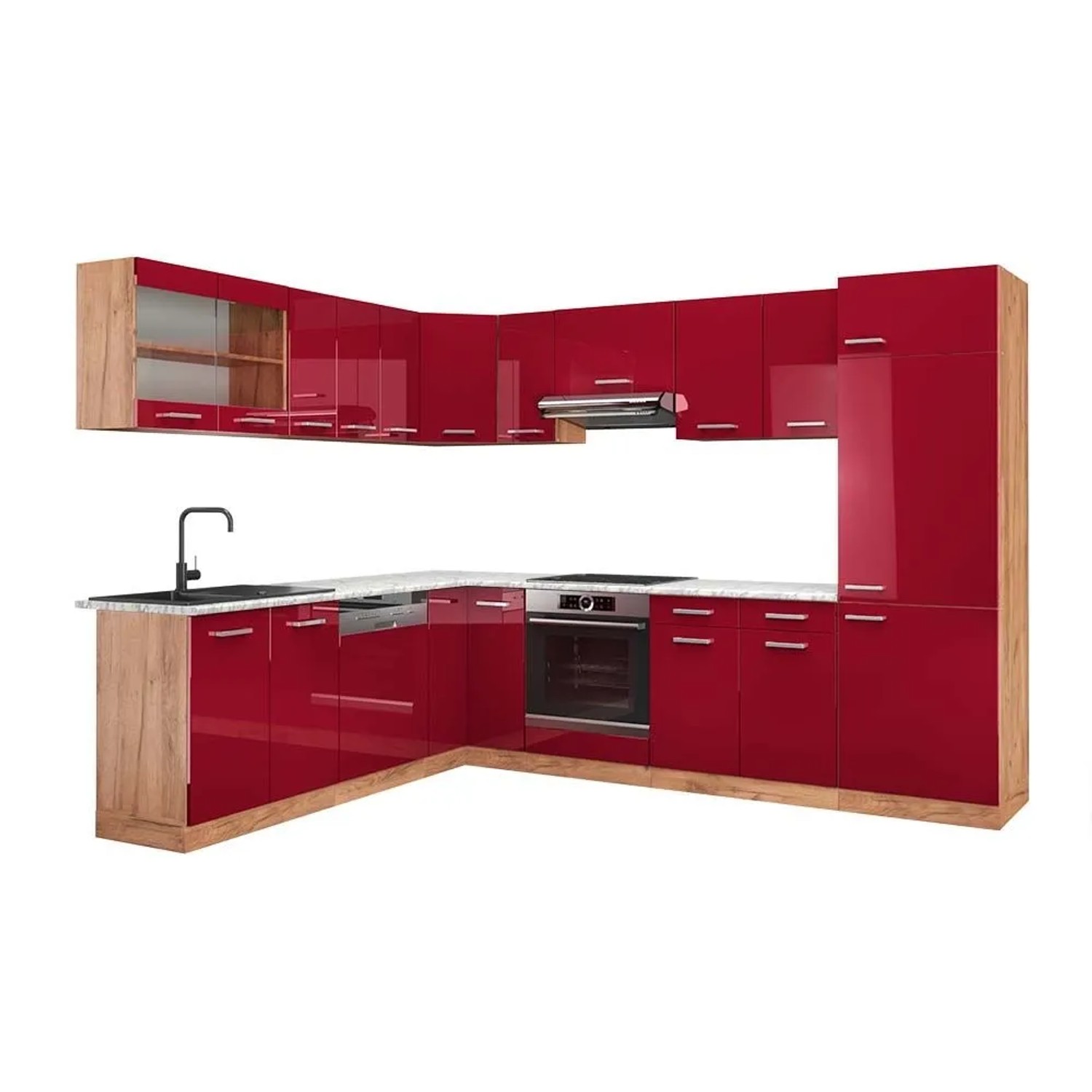 Vicco Eckküche R-Line Rot Hochglanz/Goldkraft Eiche 287 x 82, AP Marmor